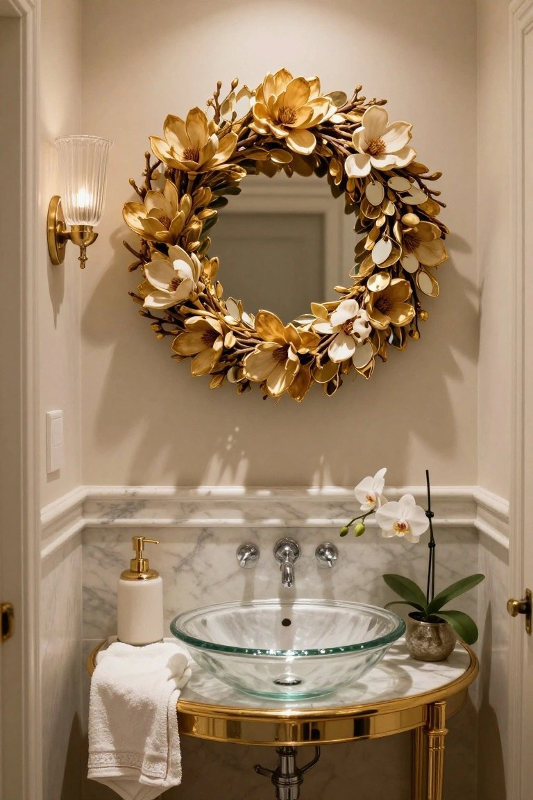 Small powder room with round mirror framed by gold artificial magnolia wreath, glass vessel sink on gold pedestal table, white towel draped over edge, soap dispenser, orchid plant, marble wainscoting, and wall sconce.