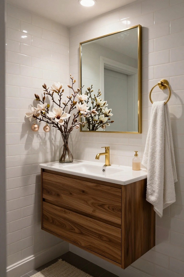 Closeup of a modern bathroom corner with white subway tile walls, floating wood vanity and sink, gold faucet and mirror frame, white towel on gold towel ring, lotion dispenser, and glass vase holding magnolia branches decorated with hanging gold Christmas ornaments.