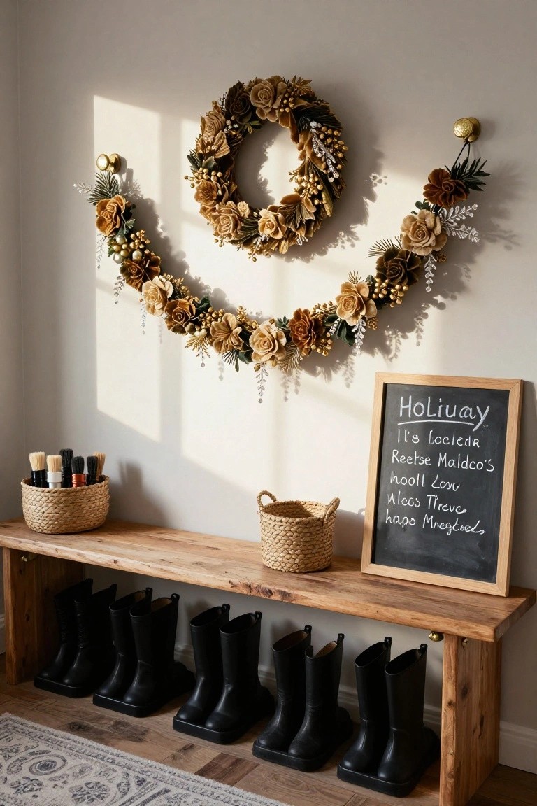 Beige fabric rose wreath and matching garland with gold berries draped on a white wall above a wooden bench holding black rain boots, flanked by woven baskets and a chalkboard sign in an indoor entryway.