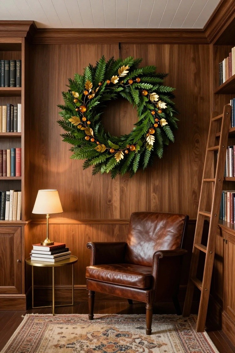 A large Christmas wreath of green ferns, gold leaves, and orange berries hangs on a wood-paneled wall in a library room with bookshelves, wooden ladder, leather armchair, brass lamp on gold side table, and Persian rug.