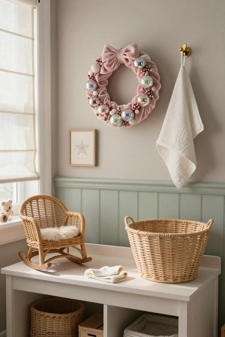 Nursery corner with pink velvet Christmas wreath featuring iridescent ornaments and bow on beige wall above white changing table, wicker baskets, small rattan rocking chair with sheepskin, and sheer window shade.