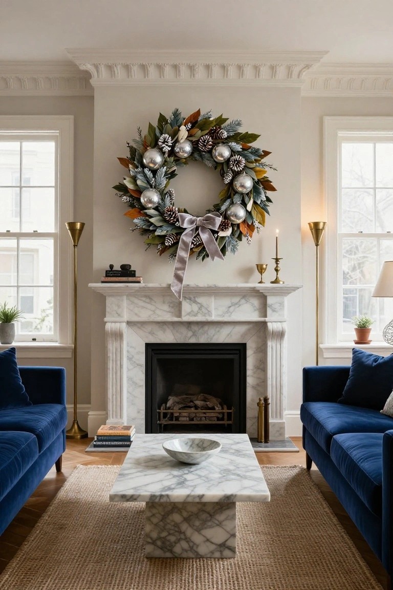 Living room with large Christmas wreath of silver balls, evergreens, and magnolia leaves hanging above white marble fireplace mantel, blue velvet sofas on sides, brass lamps, and plants near windows.