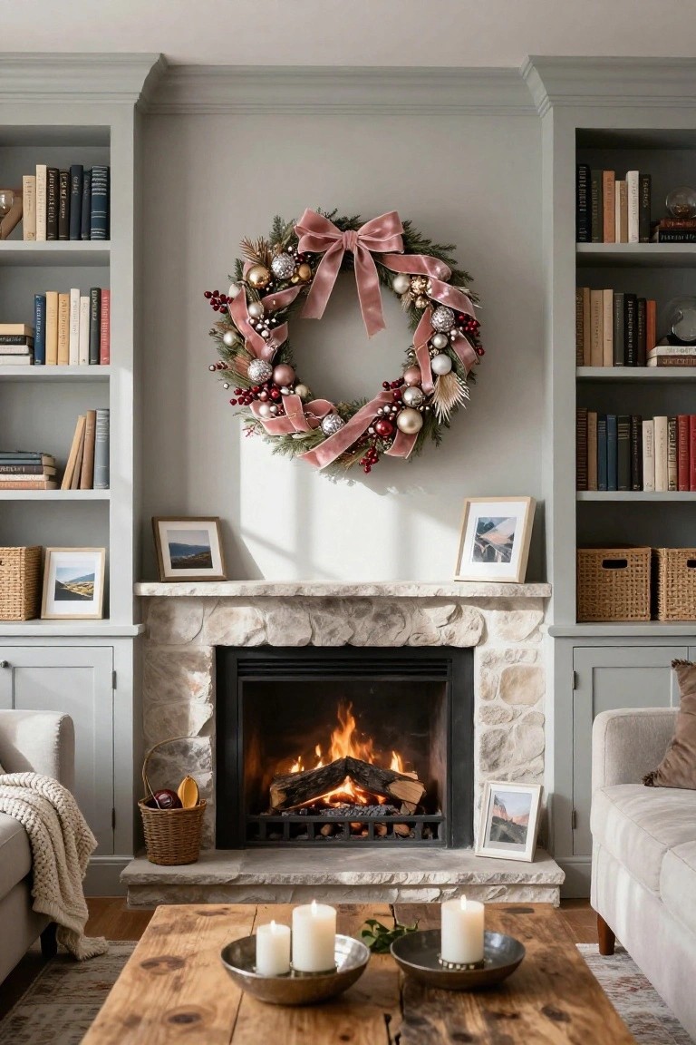 Living room with gray built-in bookshelves flanking a stone fireplace with a burning fire, pink ribbon Christmas wreath hanging above the mantel, beige sofa, wooden coffee table with candles, and woven baskets.