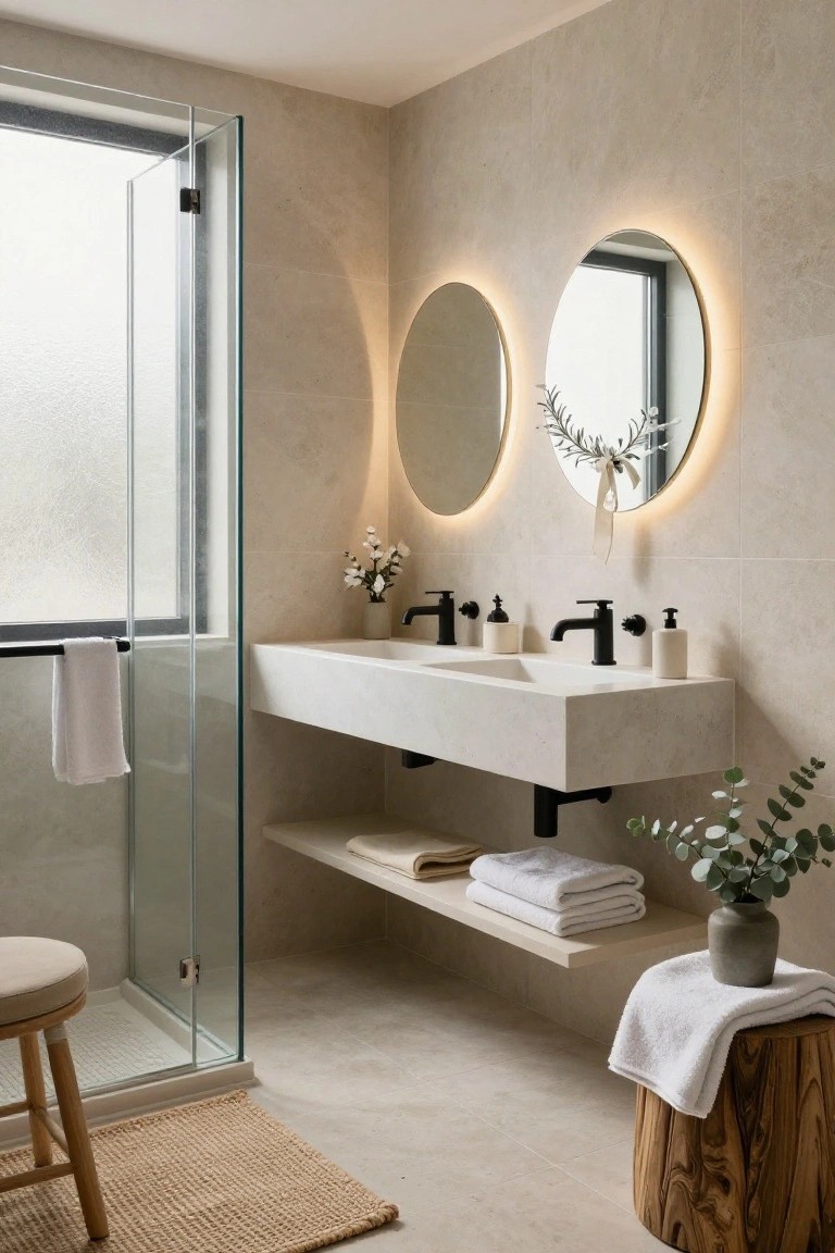 Modern beige-tiled bathroom featuring a glass shower, floating white double sink vanity with black faucets, two round backlit mirrors with an olive leaf wreath and bow on one, towels on a shelf and wood stool.