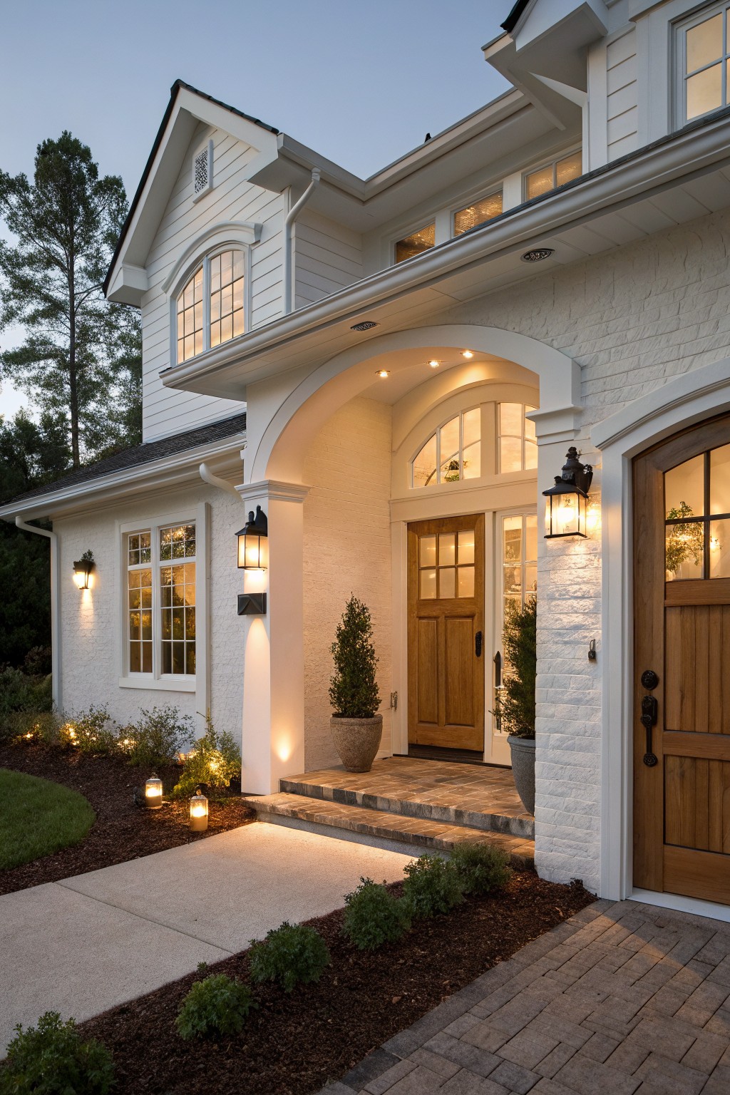 White brick house exterior featuring an arched portico entry with double wood doors, flanked by black lanterns, recessed ceiling lights, potted plants, and pathway lighting at dusk.
