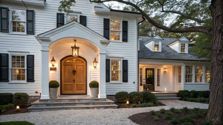 White two-story clapboard house with black shutters, arched covered porch, wood front door, and lantern lights illuminating the entry at dusk, with topiary plants, stone steps, and gravel path.