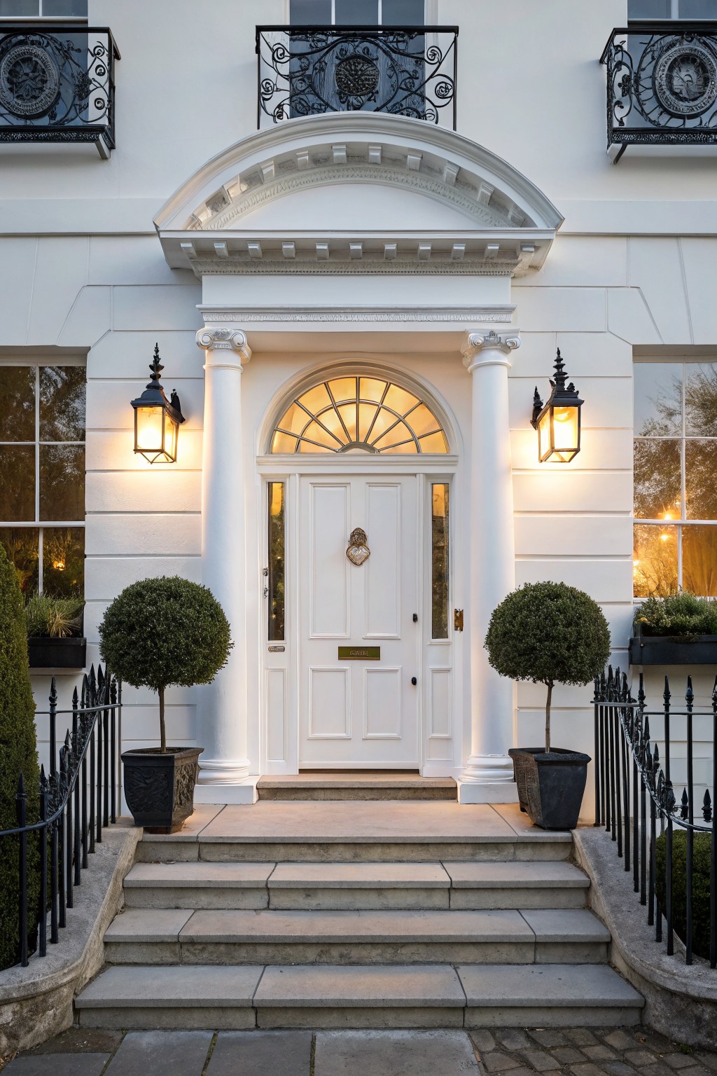 White stucco townhouse facade with column-flanked arched doorway and white door, lit by paired wall lanterns, flanked by boxwood topiaries in black pots, steps leading to entrance with black iron railings.