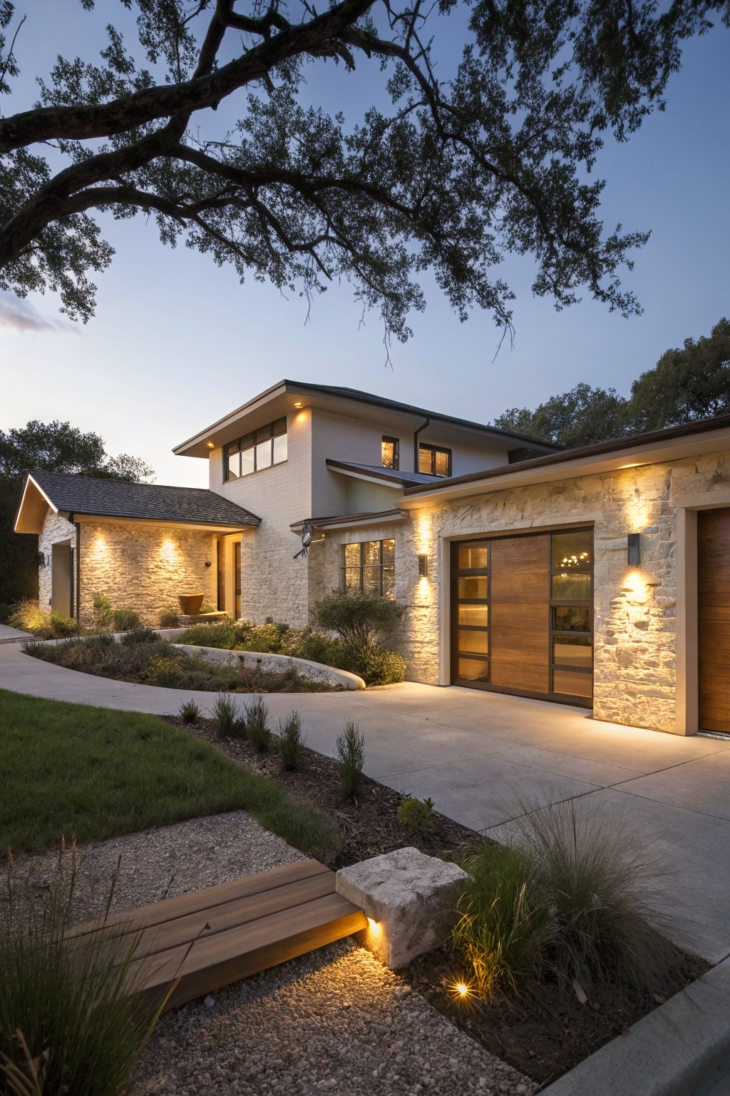 House exterior at dusk featuring a light stone garage with sliding wood and glass doors, illuminated by pairs of wall-mounted lights on both sides, a smaller attached structure, landscaping with grasses and a wooden pathway bridge leading to the driveway.