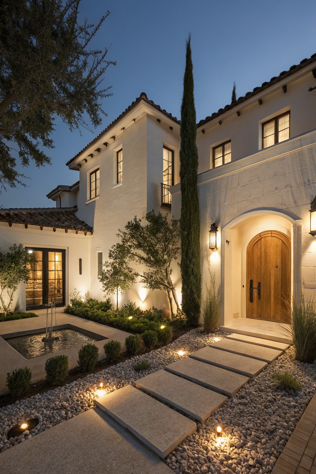 Evening photo of a two-story white stucco house with red tile roof, tall cypress tree beside it, arched wooden entry door, stone slab pathway with recessed ground lights, small courtyard fountain, and low shrubs in gravel beds.