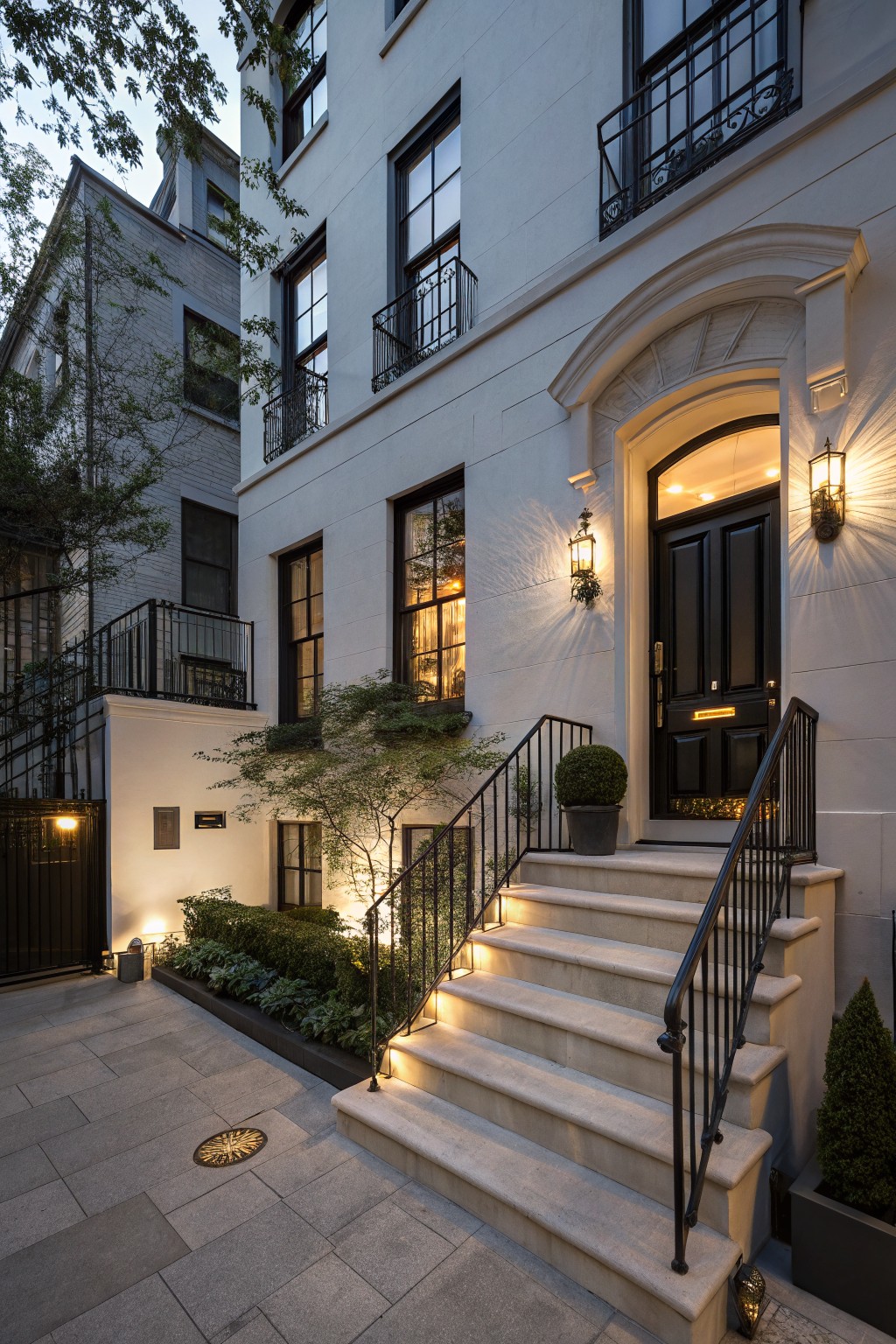 White stucco townhouse exterior at dusk with black front door, warm-lit stone steps flanked by black railings, wall lanterns, potted plants, and low greenery along a paved walkway.