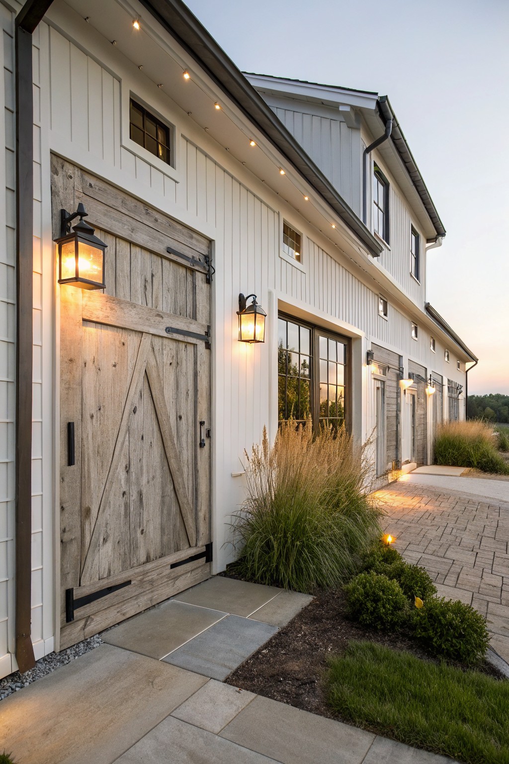 White board-and-batten siding on a barn-style garage building with a large vertical wooden barn door, black lantern sconces, recessed eave lights, large windows, and ornamental grasses beside a stone paver path at dusk.