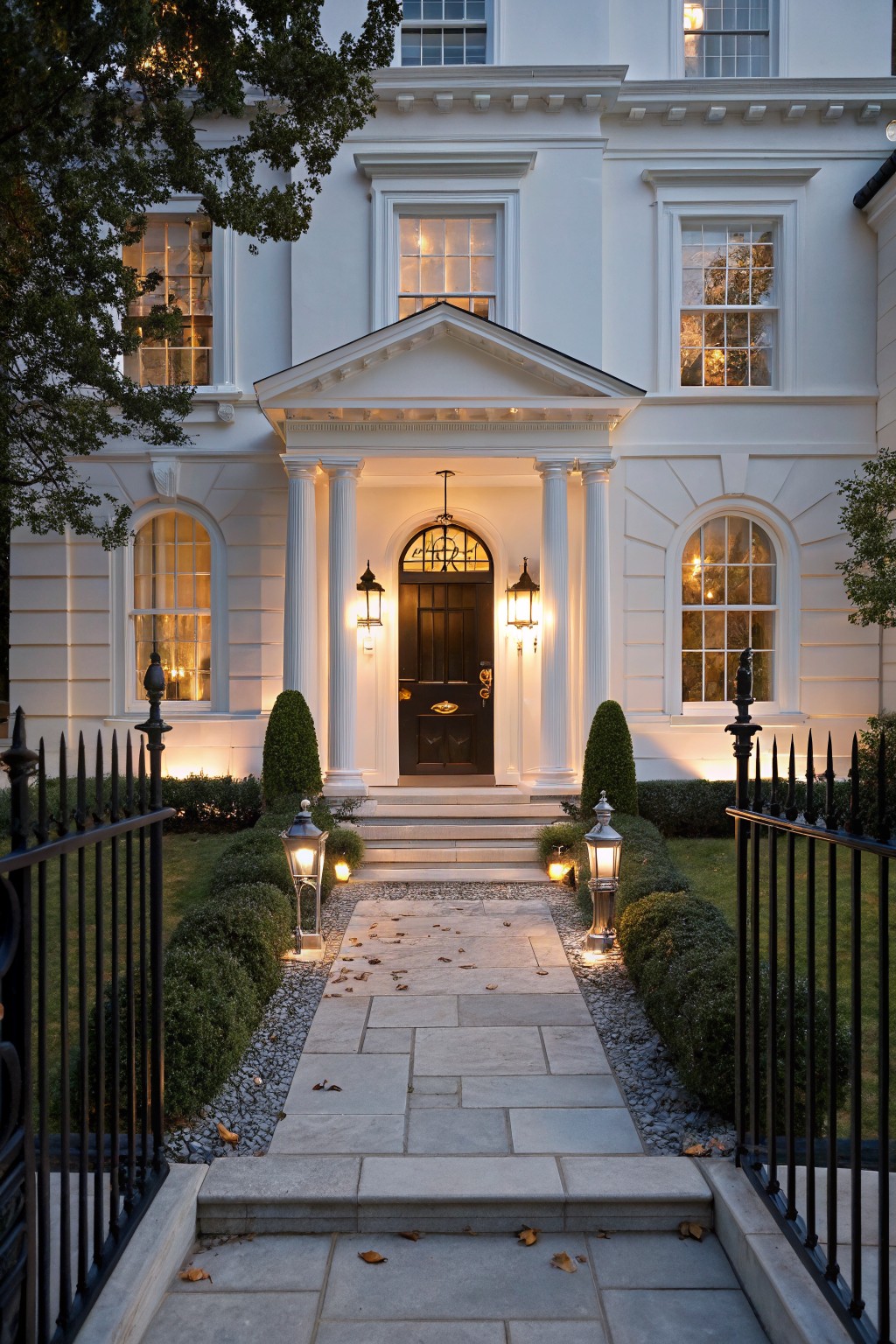 White classical house facade at dusk with warm glow from black porch lanterns on columns, path lanterns, illuminated arched windows and door, boxwood shrubs, iron fence, and stone pathway.