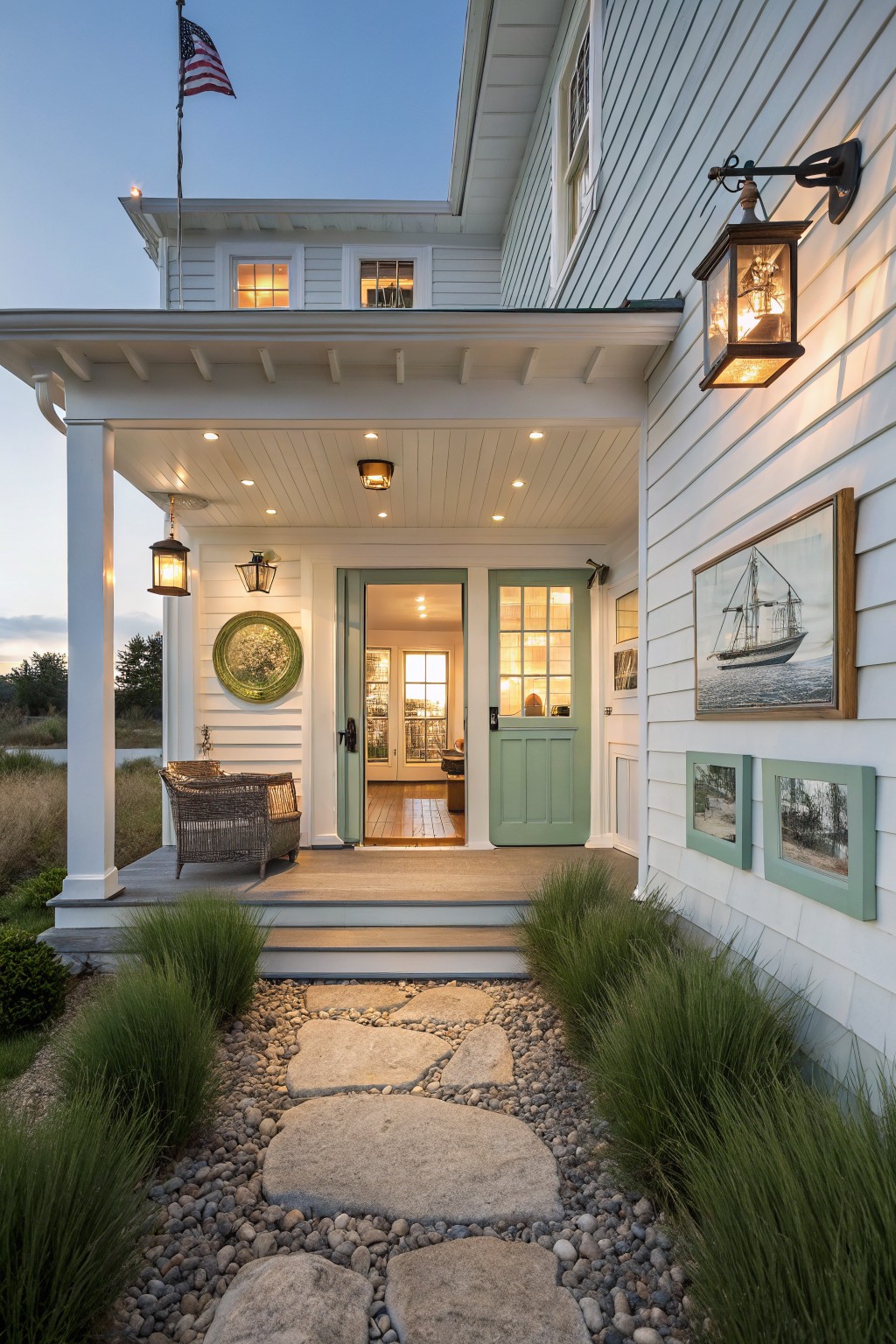 White clapboard house exterior at dusk with wraparound porch, open green double doors, multiple hanging and wall lanterns plus recessed ceiling lights illuminating the entry, stone stepping path through grasses leading to steps, American flag on pole.
