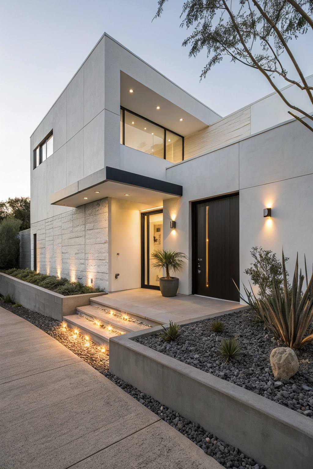 Modern white house exterior at dusk with recessed lights illuminating concrete steps leading to a black pivoting front door, wall-mounted lights, uplights on stone walls, and gravel landscaping with agave plants.