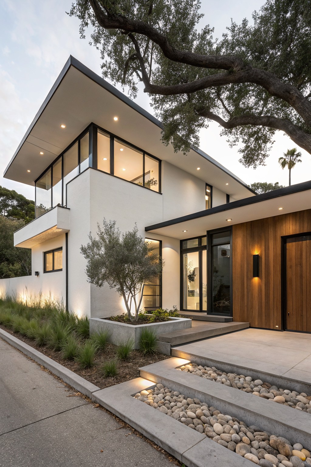 Two-story modern white house exterior at dusk with black window frames, wooden entry door and siding, landscaped yard of grasses and olive tree, and recessed lighting illuminating walls, steps, and pathway.