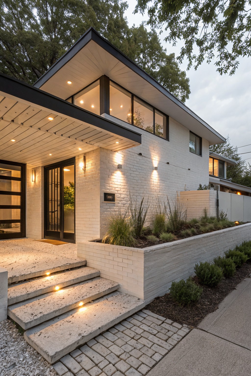 Modern white brick house exterior at dusk showing recessed lights in concrete steps leading to a black-framed glass entry door, with wall-mounted lights, plants in raised beds, and trees in the background.