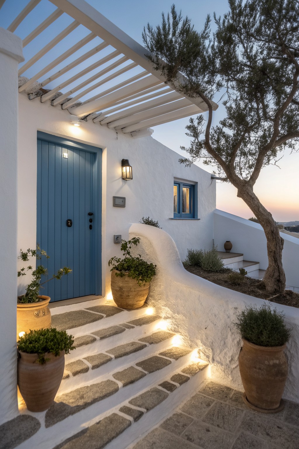 White stucco house exterior with blue front door, stone steps lit from below, terracotta pots with plants on either side, wall lantern beside door, olive tree, and pergola overhead at dusk.