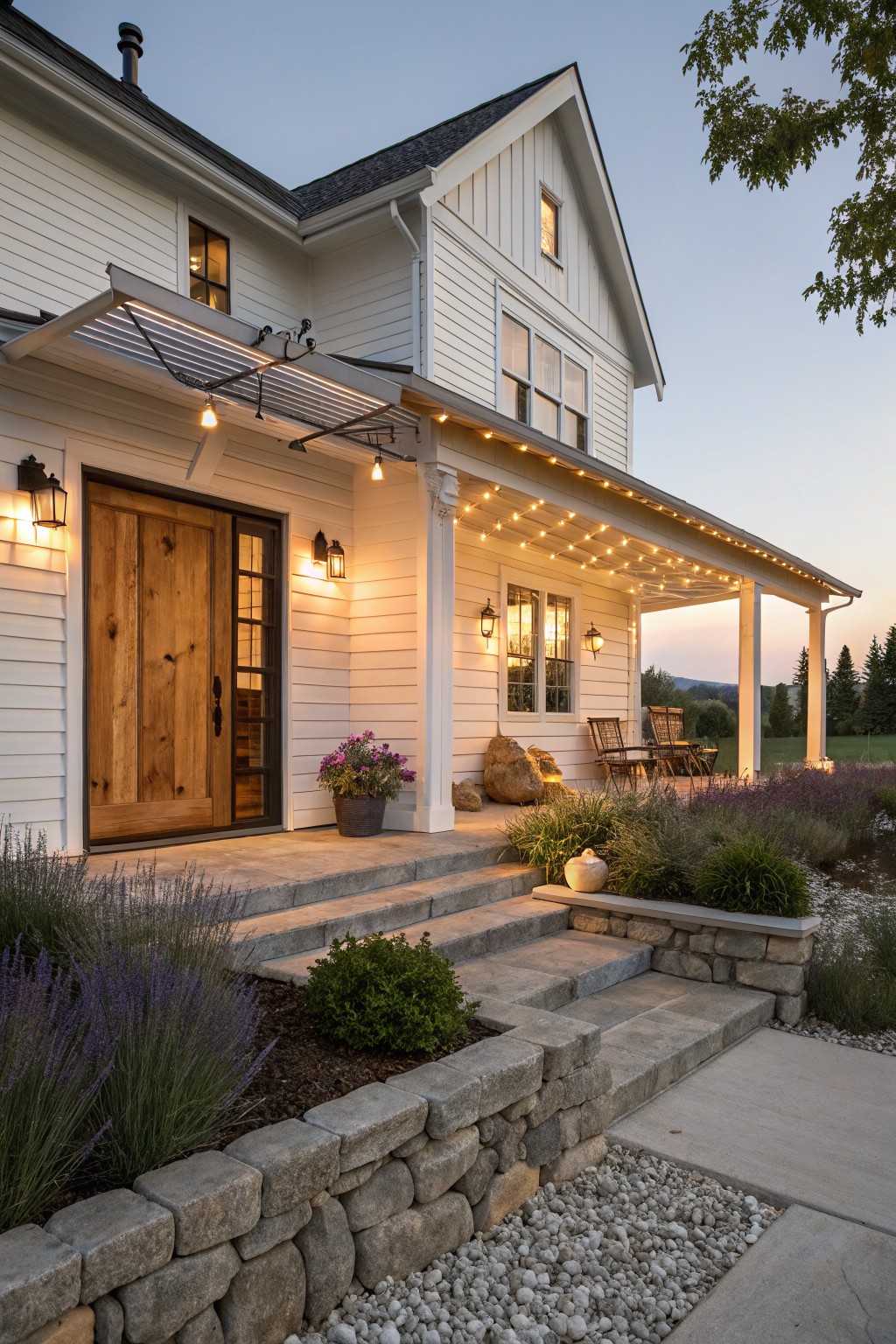 White board-and-batten house exterior at dusk with wooden front door, stone steps, porch with Adirondack chairs, lavender plantings, stone retaining wall, and warm lighting from lanterns and string lights along the porch.