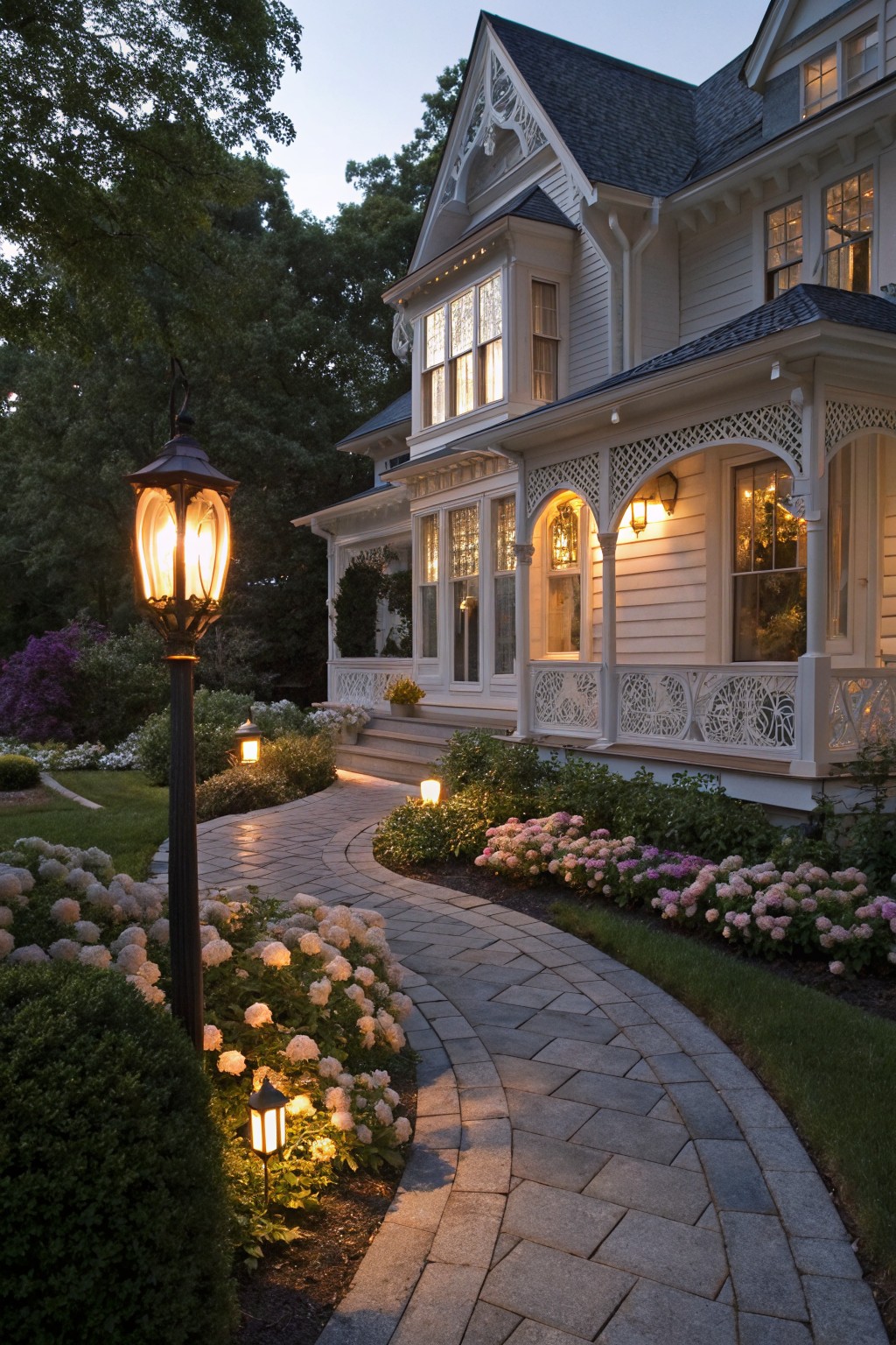 White Victorian house at dusk with wraparound porch, tall black lantern post and smaller path lights illuminating curving brick walkway bordered by hydrangea bushes and flower beds.