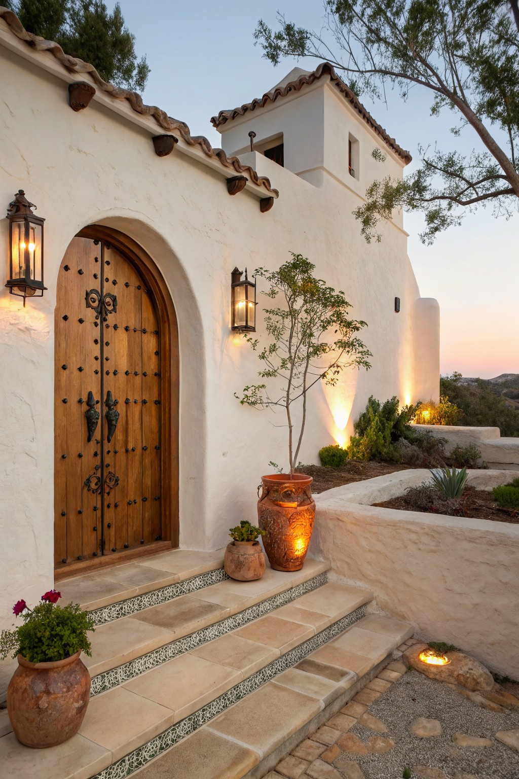 White stucco house facade with arched dark wooden door flanked by iron wall lanterns, terracotta pots on steps, small trees and plants with uplighting, and stone steps leading to the entry at dusk.