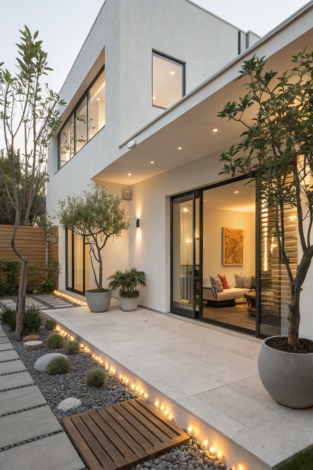 Modern white stucco house exterior at dusk with large sliding glass doors open to a lit indoor seating area, warm linear lights along a stone pathway bordered by gravel and plants, olive trees, and potted greenery.
