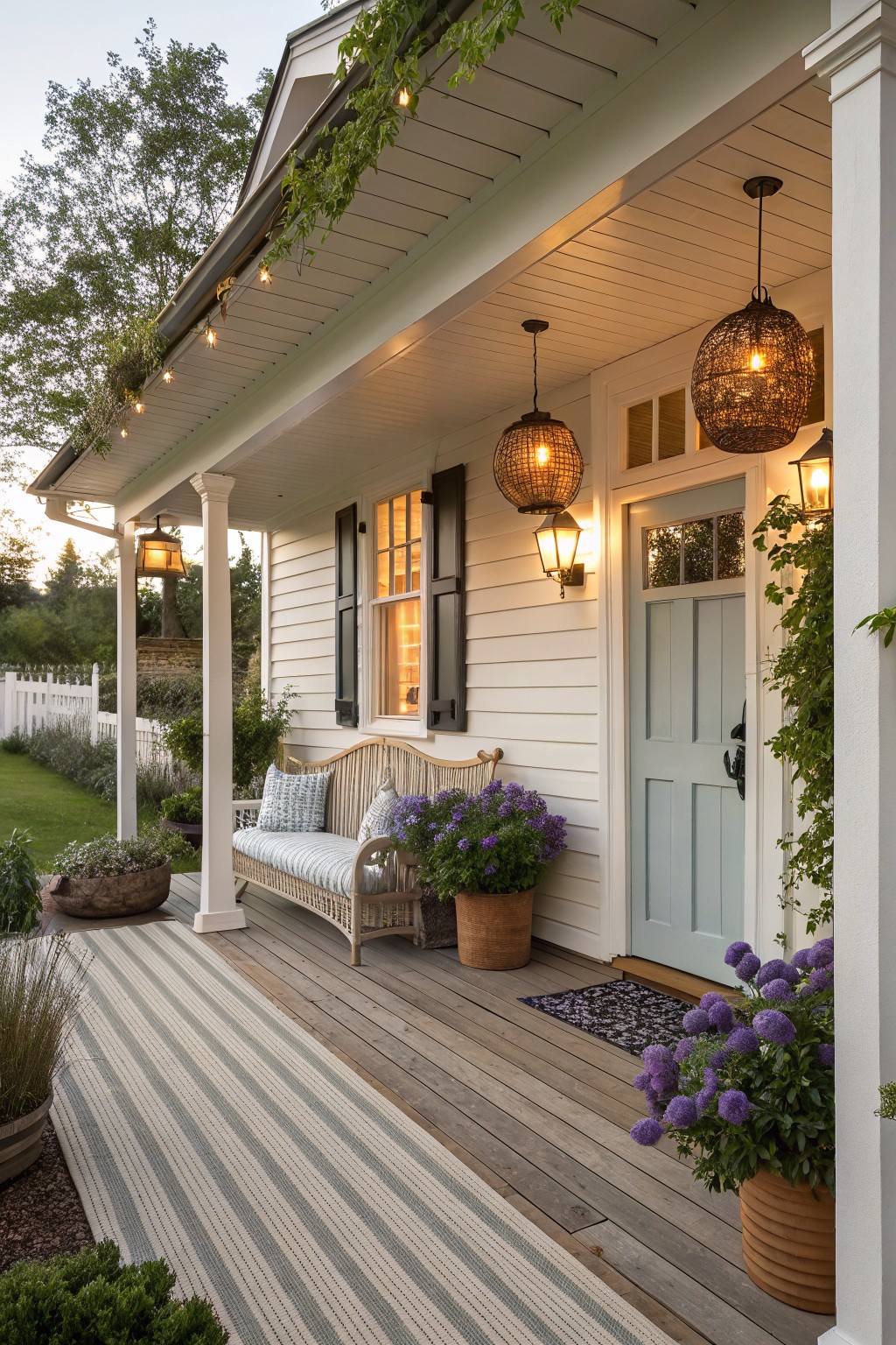 White clapboard house exterior with covered porch, blue front door, hanging rattan lanterns, string lights along eaves, sconces, potted plants, bench, and deck at evening.