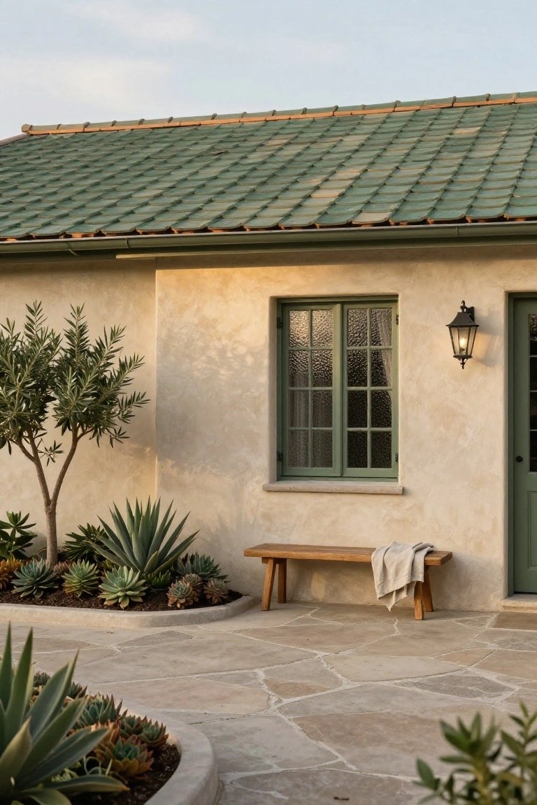 Beige stucco house exterior wall with green clay tile roof, green-framed window and door, black lantern light, wooden bench draped with linen on stone pavers, surrounded by agave plants and olive tree.
