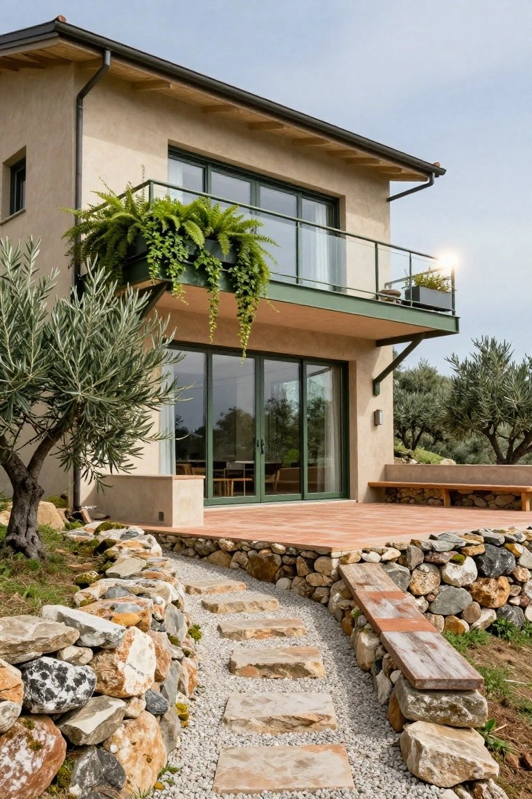 Two-story beige stucco house with green metal window frames, balcony railing, and sliding glass doors to a terracotta deck, flanked by olive trees and a dry-stacked stone retaining wall with stepping stone path.