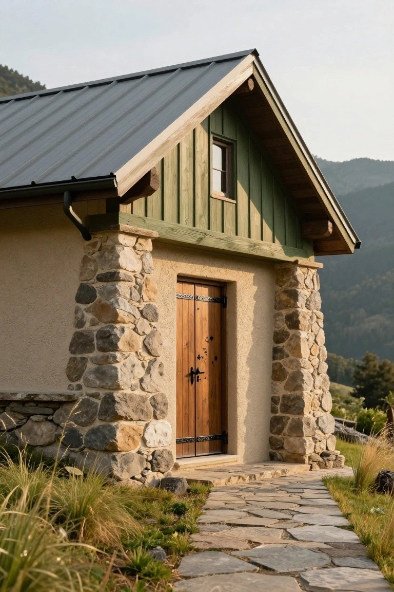 Small mountain cabin exterior with green wood siding, beige stucco walls between rough stone pillars, dark wooden entry door with black hardware, gray metal roof, stone pathway, grasses, and forested hills in background.
