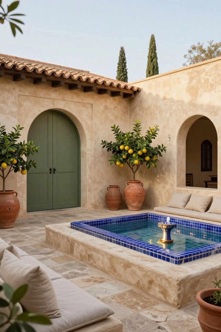 Beige stucco walls enclose a courtyard patio featuring a green arched door flanked by potted lemon trees, a central blue-tiled fountain pool with gold fixture, low beige cushions on stone bench, terracotta pots, and tall cypress trees in the background.