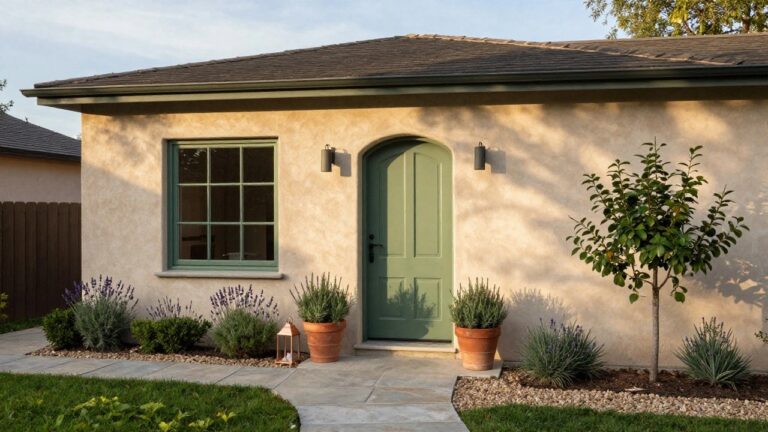 Beige stucco house with green arched front door and matching window frames, flanked by lanterns and potted lavender plants along a stone walkway, with a pear tree nearby.