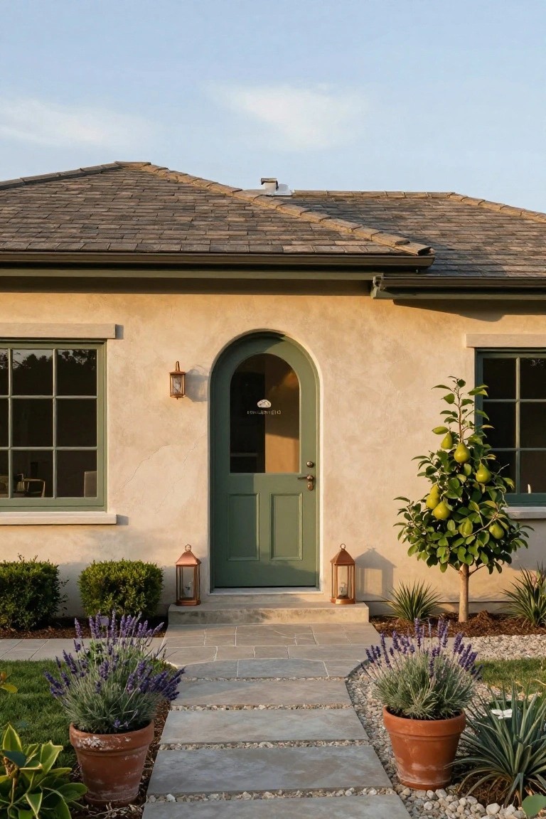 Beige stucco house with green arched front door and matching window frames, flanked by lanterns and potted lavender plants along a stone walkway, with a pear tree nearby.