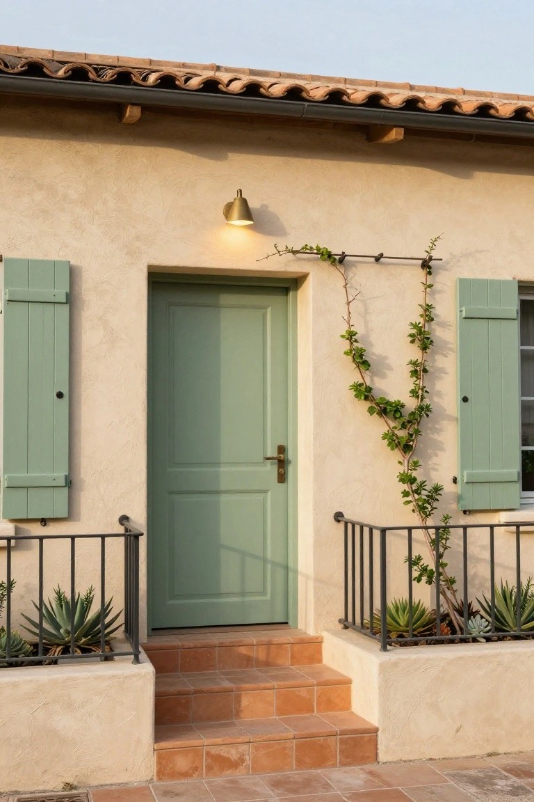 Beige stucco house exterior featuring a sage green front door flanked by matching shutters, climbing ivy on the wall, wrought iron railing with potted succulents, and terracotta steps leading to the entrance.
