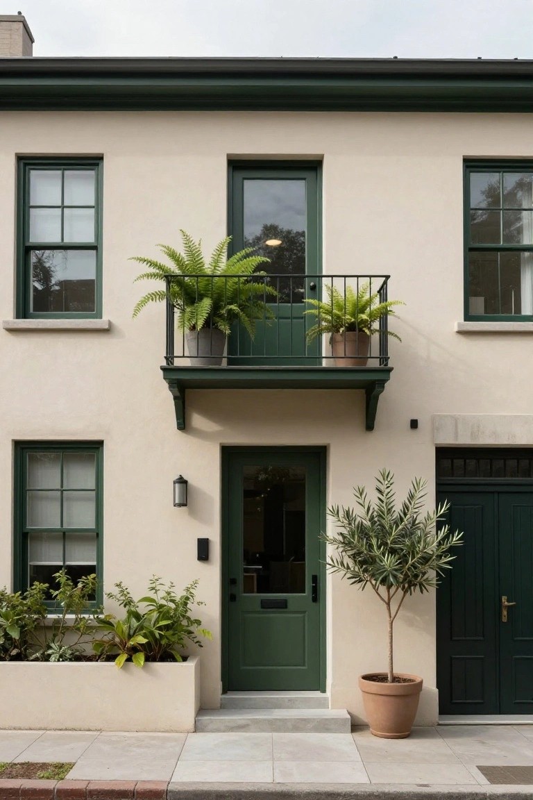 Beige two-story house exterior with green window frames, green front door, green garage door, small green balcony with two potted ferns, potted olive tree beside garage, planter box with greenery by front window, and lantern light by door.