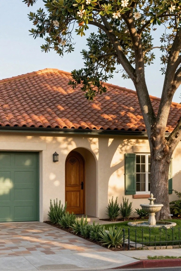 Beige stucco house with green garage door, arched wooden entry door, red tile roof, large tree with white flowers, potted plants, stone fountain, and paved driveway.