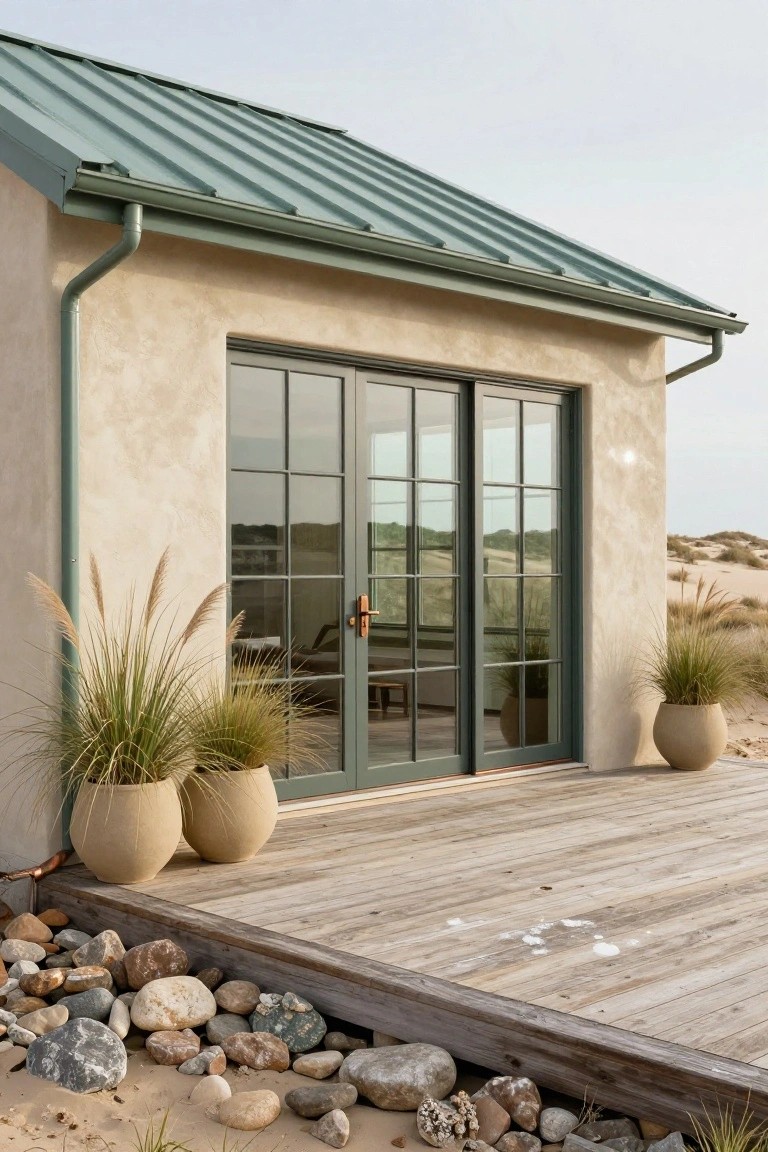 Beige stucco building with green metal roof, green-framed sliding glass doors, potted grasses on either side, wooden deck, rocks, and sand dunes.