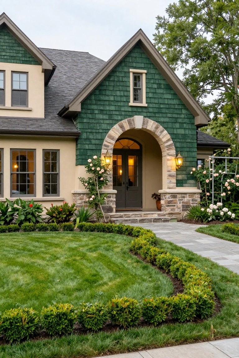 Two-story house exterior with dark green shingled gables, beige siding, arched beige stone entryway with double dark wood doors and lanterns, plants and roses nearby, stone steps, paver walkway, curved boxwood hedge edging a lawn.