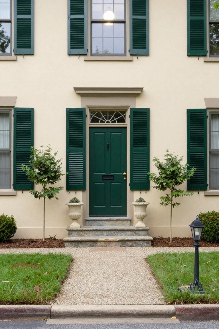 Beige two-story house exterior with green shutters on multi-pane windows, green front door with fanlight, stone steps, potted plants and small trees flanking the entry, gravel walkway, and black lantern light on a grassy lawn beside a street.