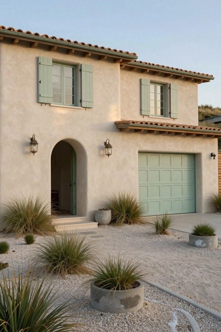 Beige stucco house exterior with open green shutters on windows, arched green entry door, green paneled garage door, wall lanterns, potted grasses, and gravel ground cover.