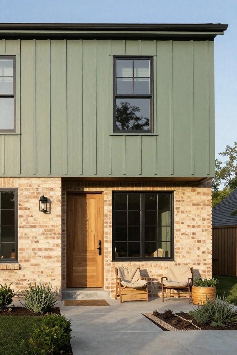 A house exterior with light green vertical board-and-batten siding on the upper section, beige brick on the lower section and around the wooden front door, black-framed windows, a wall lantern, and a concrete patio with two rattan chairs and potted plants.