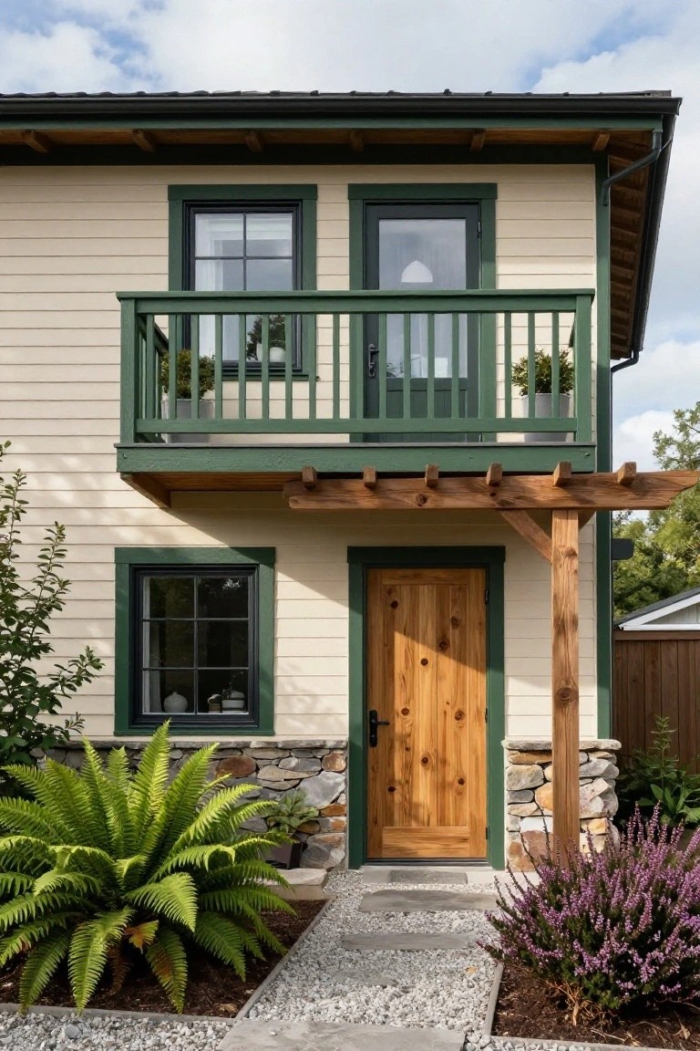 Beige two-story house exterior with green trim on windows, doors, and balcony railing, wooden front door under a pergola supported by wooden posts, stone foundation, ferns and purple flowers in the front yard, gravel path leading to the entry.