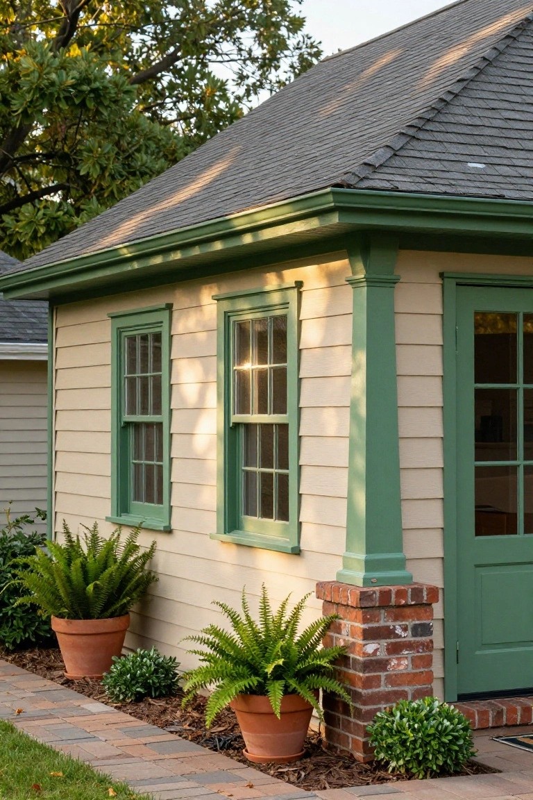 Beige clapboard house exterior corner featuring green-trimmed double-hung windows, green door with glass panels, brick pillar base, potted ferns, and brick paver pathway.