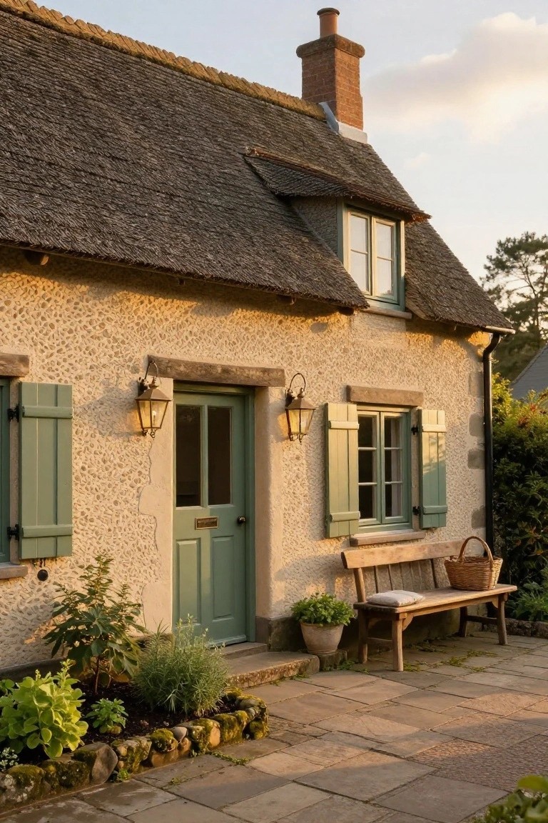 Thatched-roof cottage with beige cobblestone walls, green wooden door and shutters, wall lanterns, wooden bench with basket, and plants along the stone path at dusk.