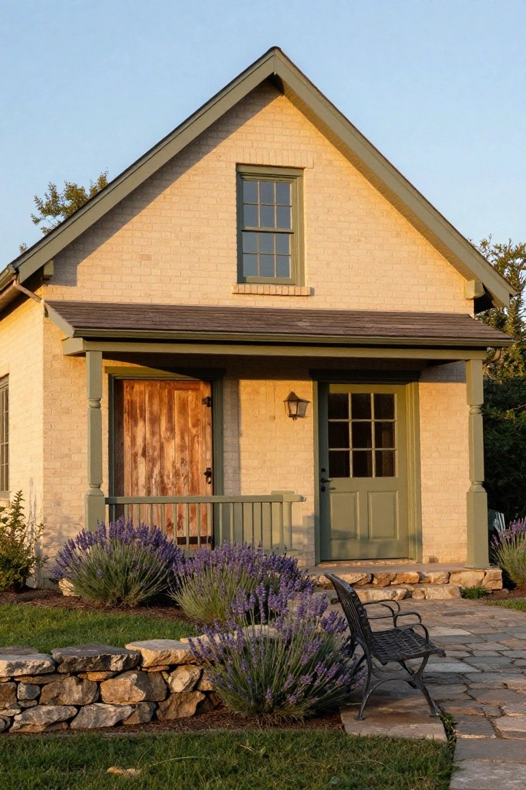 A small beige brick house with gabled roof, covered front porch featuring sage green trim and door, wooden barn door on side, flanked by lavender plants and a stone retaining wall with stone pathway and bench.