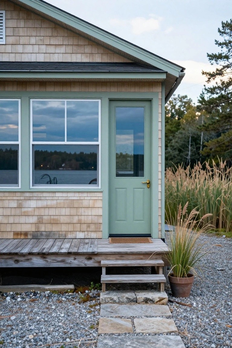 Corner exterior of a shingle-sided house with sage green door, trim, and large windows reflecting a lake, wooden deck steps leading to gravel path, potted grass plant, and tall reeds nearby.