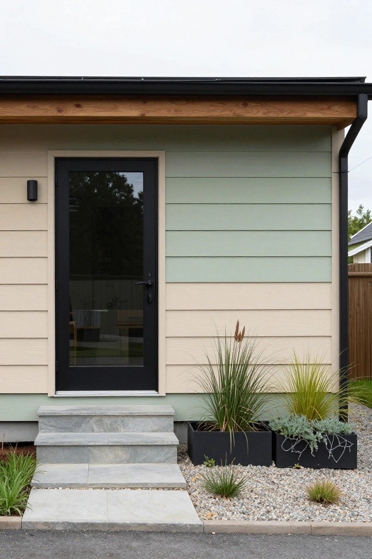 House exterior featuring upper green and lower beige horizontal siding, black-framed glass door, gray stone entry steps, black lantern light, potted grasses, and gravel ground cover.