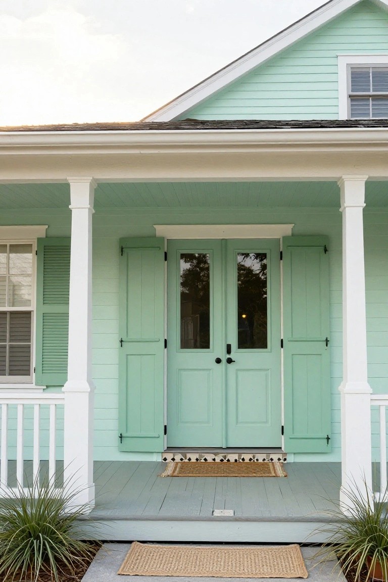 Mint green clapboard house exterior with white columns supporting the porch roof, matching green double front doors with glass panels, green shutters on side windows, gray porch floor, seagrass rugs, and potted plants nearby.
