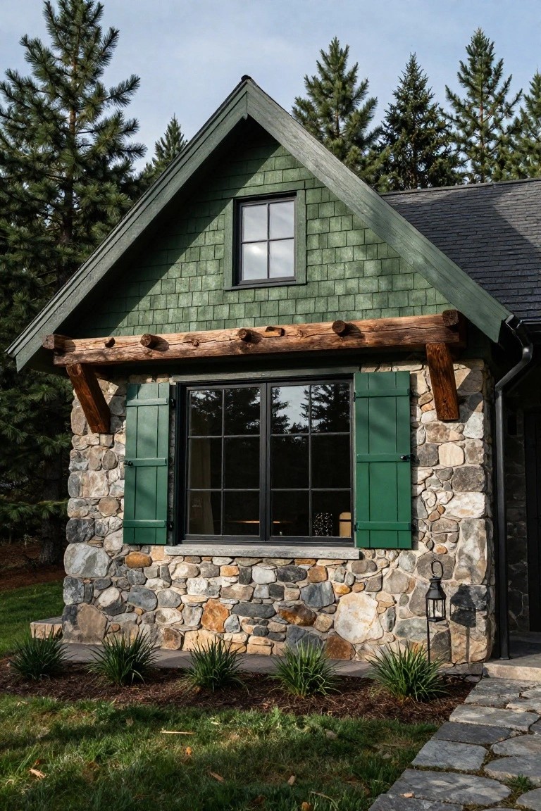 Small cabin-style house with dark green shingle siding, stone foundation, wooden brackets and beams, green shutters on a large window, hanging lantern, and pine trees nearby.