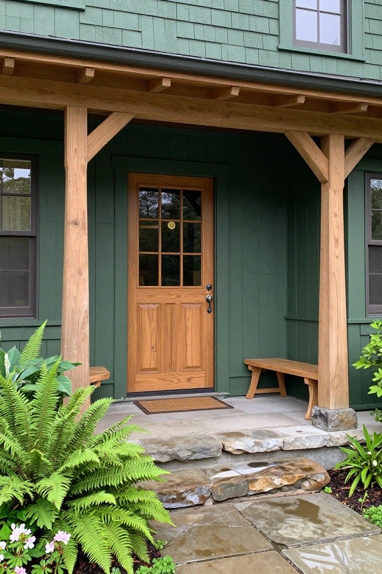 Front exterior of a dark green shingle-sided house featuring a wooden porch with oak posts, paneled door with glass panels, built-in bench, stone steps, and ferns at the base.