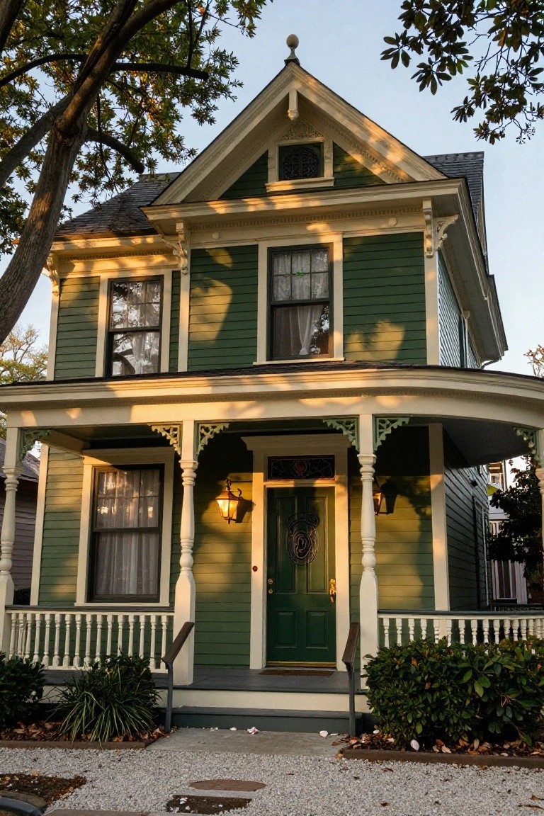 Two-story green Victorian house with cream trim, gabled roof, wraparound porch, green front door with wreath, flanked by shrubs and trees on a gravel path.